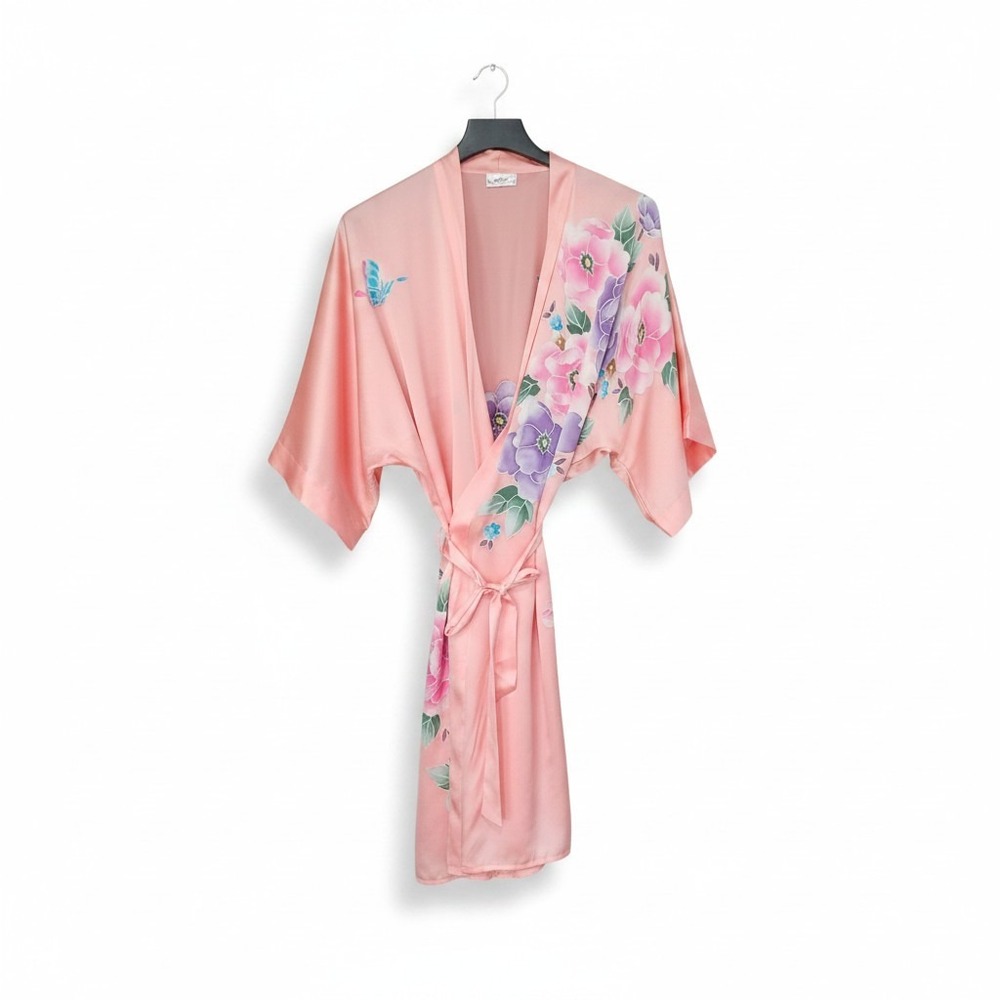 Silk King Vintage 100% Silk Kimono Robe Pink Floral Butterfly One Size OSFM